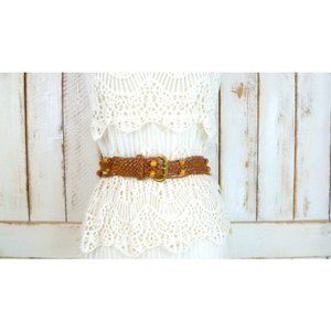 Vintage woven brown leather beaded boho / hippie belt / Huarache braided belt